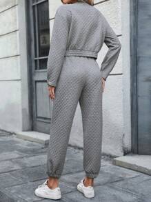 SHEIN LUNE Ladies' Button Front Jacket And Pants Set - Grey - View 2