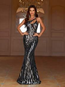 SHEIN Belle One Shoulder Sequin Mermaid Hem Evening Dress - Black - View 4