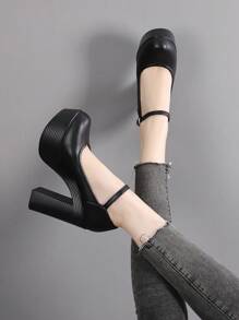 女士高跟單鞋,厚底跟,女性春秋百搭厚底鞋,新款黑色鞋子,正式12厘米旗袍模特t型走秀鞋 - 黑色 - 查看 4