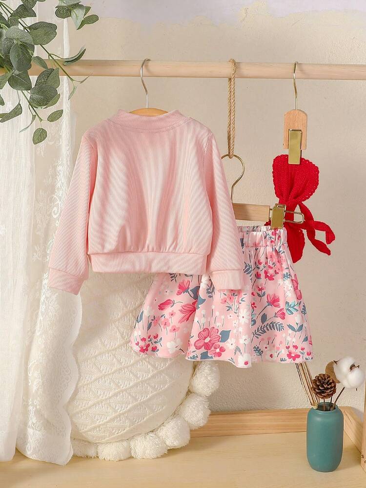 Baby Girls' Set Of Plain Ribbed Zip-Up Jacket And Floral Printed Skirt, Cute And Fashionable, Suitable For Vacation, Autumn And Winter Seasons