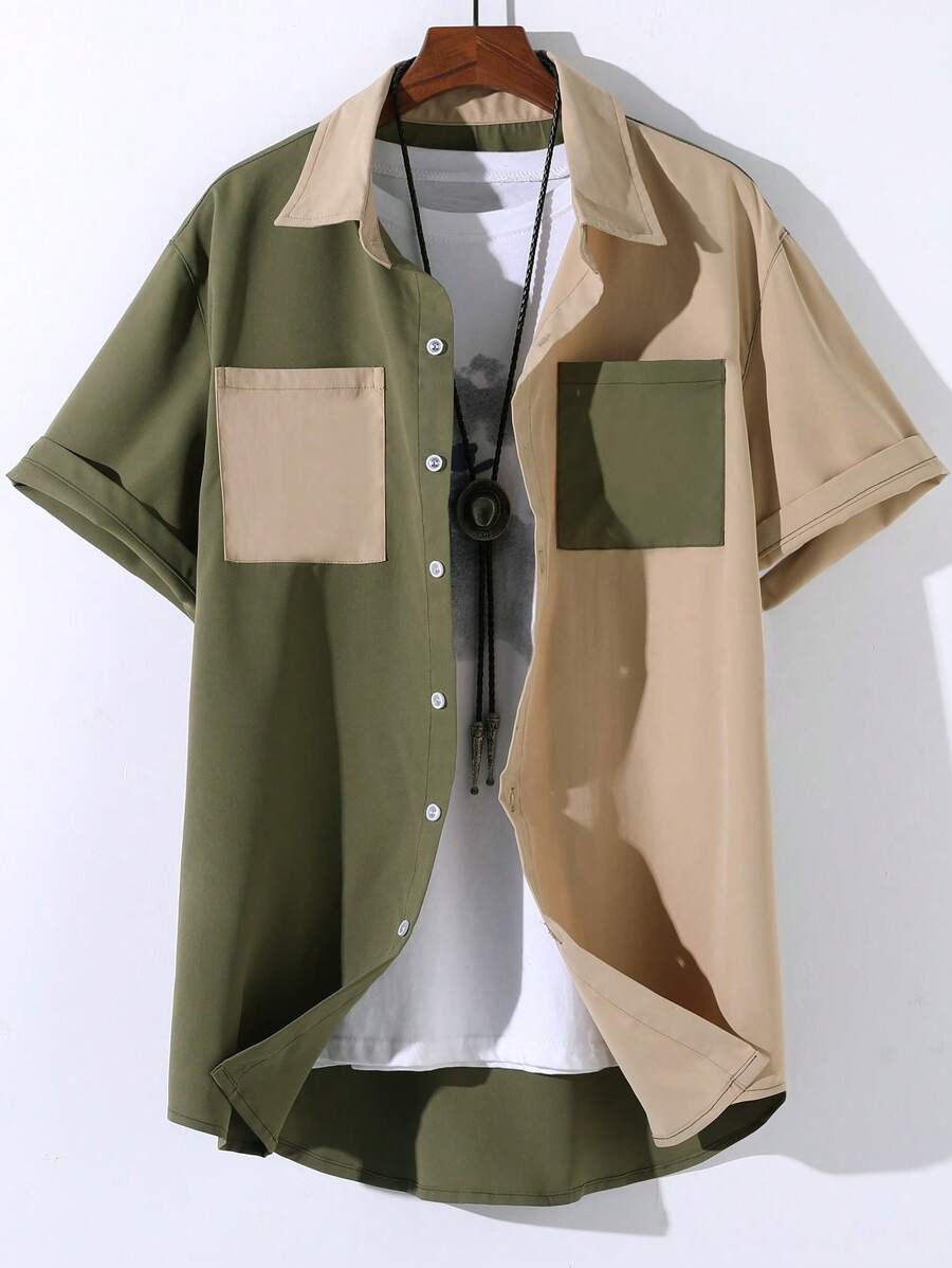 Manfinity Homme 男士撞色補丁貼口袋襯衫不帶T恤 - 彩色 - 查看 1