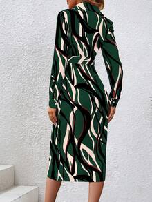 SHEIN Clasi 女式全印花腰帶單排釦連衣裙 - 彩色 - 查看 2