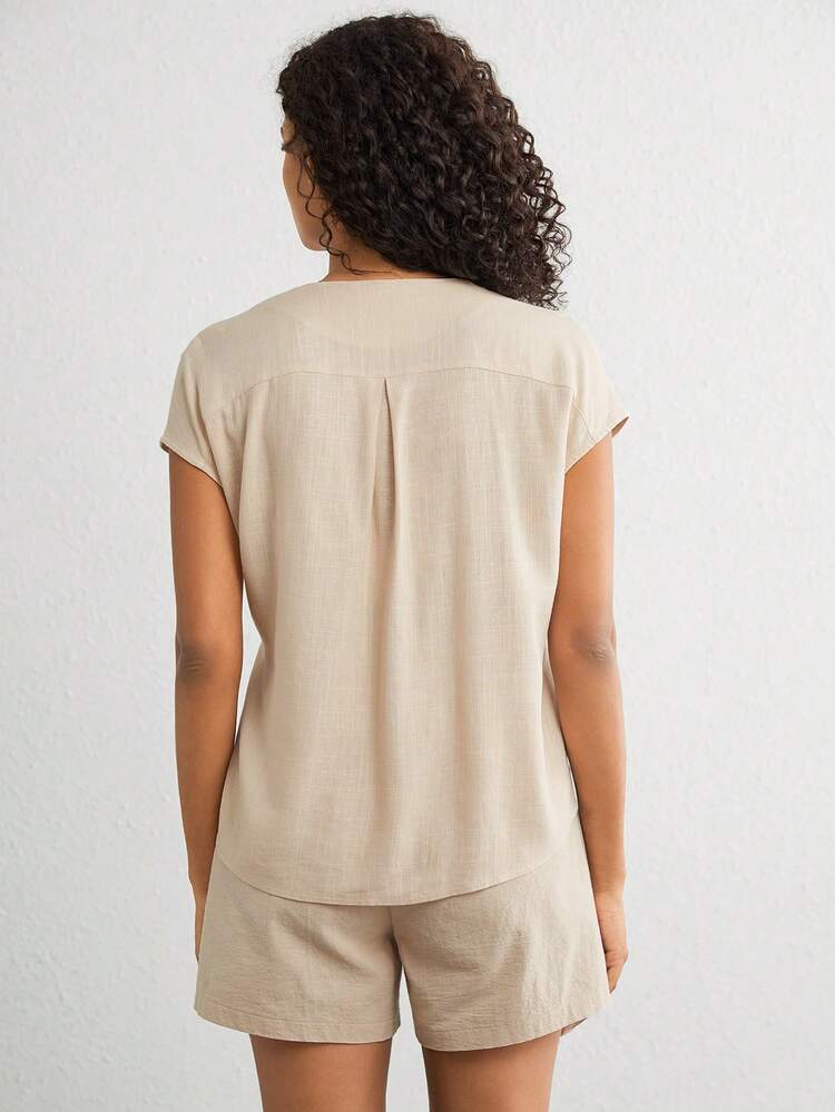 Leisure V-Neck Wrap Front Top With Tie And Side Slit, Home Clothes