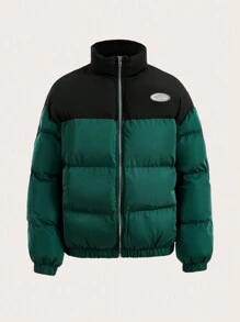 SHEIN EZwear Color Block Woven Padded Coat - Dark Green - View 7