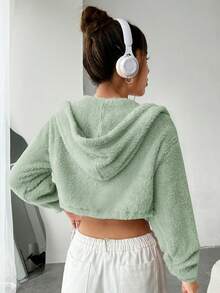 SHEIN EZwear Fluffy Zipper Hoodie - Olive Green - View 2