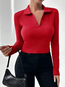 SHEIN Cottnline Solid Polo Neck Tee - Red - View 4