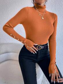 SHEIN Privé Women's Turtleneck Ribbed Texture Long Sleeve Sweater - Orange - View 6