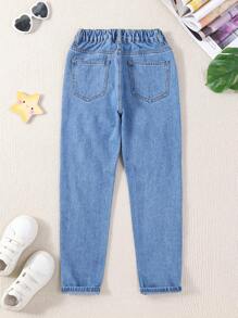 Tween Girl Cartoon Letter Printed Ripped Jeans - Light Wash - View 2