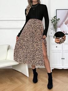 SHEIN Ensemble T-shirt De Maternité À Manches Longues Et Jupe À Imprimé Léopard À Taille Réglable