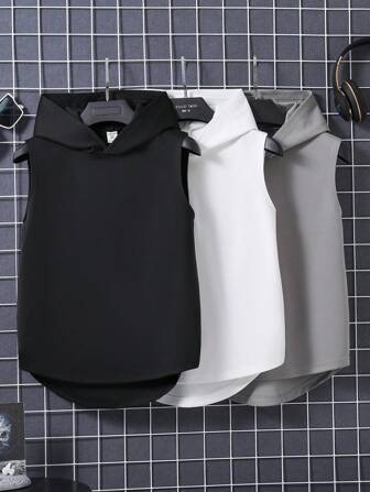SHEIN 3pcs/Set Tween Boys' Casual Loose Fit Hooded Sleeveless Tops, Suitable For Summer, School, Campus, College