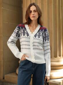 SHEIN Frenchy Mẫu Geo Nút phía trước Áo len Mở - Nhiều màu - Xem 1