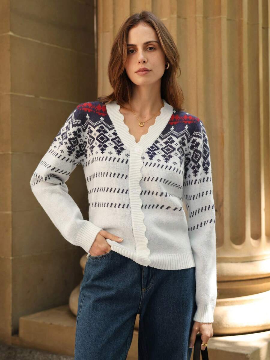 SHEIN Frenchy Mẫu Geo Nút phía trước Áo len Mở - Nhiều màu - Xem 1
