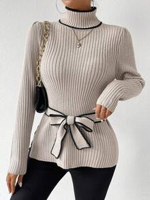 SHEIN LUNE 優雅的女士色彩對比邊緣毛衣 - 杏色 - 查看 5