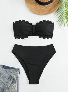 SHEIN Swim 夏日海滩贝壳边褶皱抹胸比基尼套装婚礼 - 黑色 - 查看 7