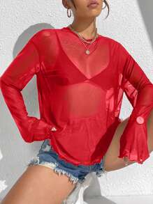 SHEIN Privé 女式透明網眼上衣 - 紅色 - 查看 1