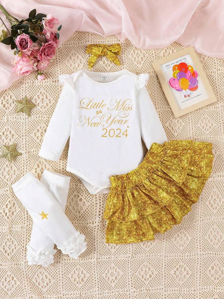 Baby Girl Slogan Graphic Ruffle Trim Bodysuit & Skirt & Headband & Socks