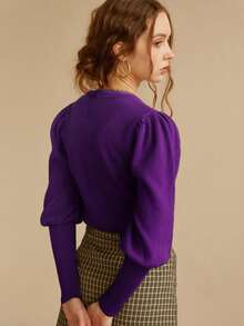 Knit Mix 女式圆领长袖纯色纽扣毛衣 - 紫色 - 查看 2