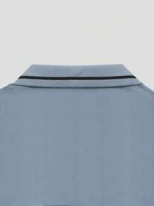 Men's Short Sleeve Polo Shirt, Button Up Collar Color Block Golf Business Shirt - Dusty Blue - View 4