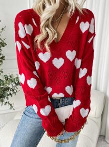 Chiquease Heart Pattern Drop Shoulder Sweater Knit Pullover Fall Winter Outfit - Red - View 4