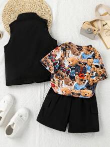 SHEIN Young Boys' Cartoon Print T-Shirt, Solid Color Vest And Cargo Shorts Set With Bear Detail