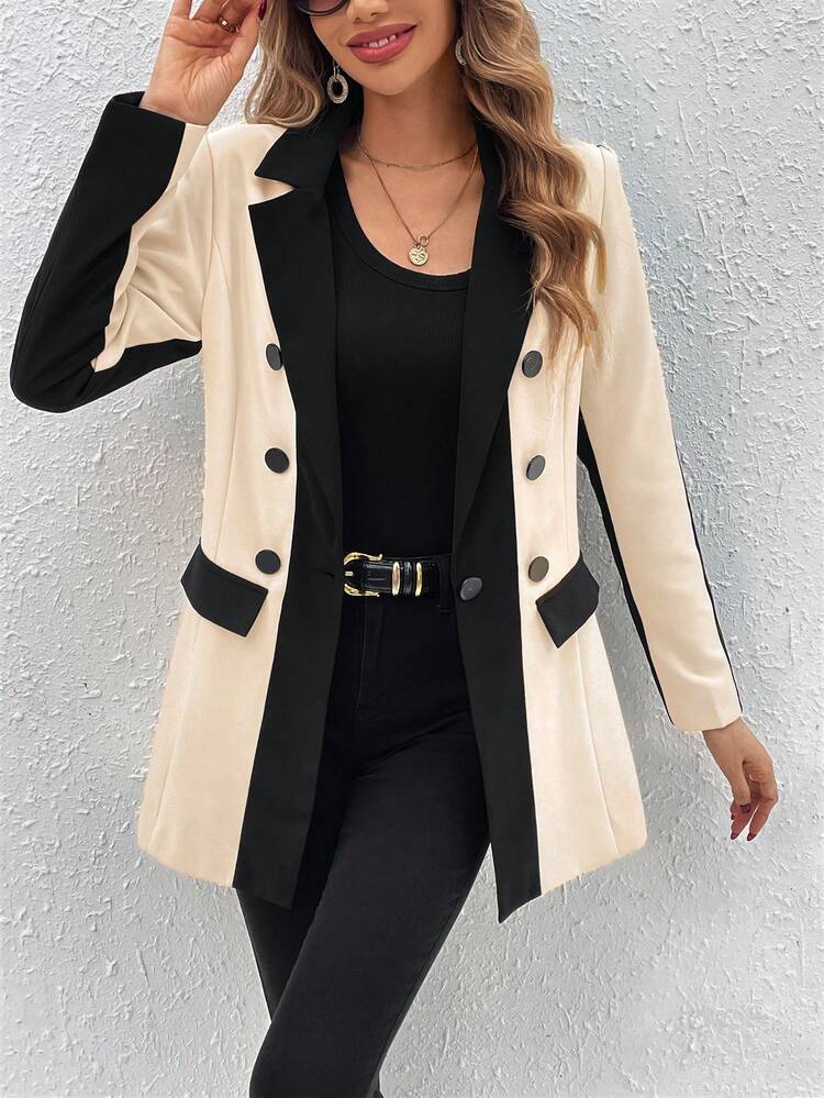 Women's Color-blocked Double-breasted Suit Jacket With Lapel Collar