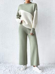 SHEIN Frenchy 撞色立領落肩針織衫褲套裝 - 彩色 - 查看 5