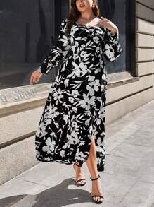 SHEIN Clasi Plus Size Women'S Floral Printed Side Slit Dress - Black and White - View 3