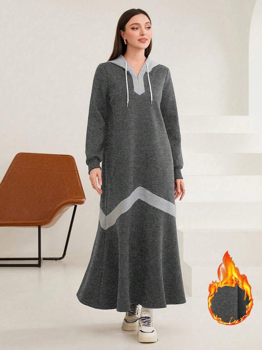 Seusyu Của phụ nữ Màu sắc Tương phản Dây rút Váy Hoodie - Màu xám đen - Xem 1