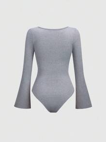Sweetra Solid Bell Sleeve Ruched Glitter Bodysuit - Light Grey - View 2