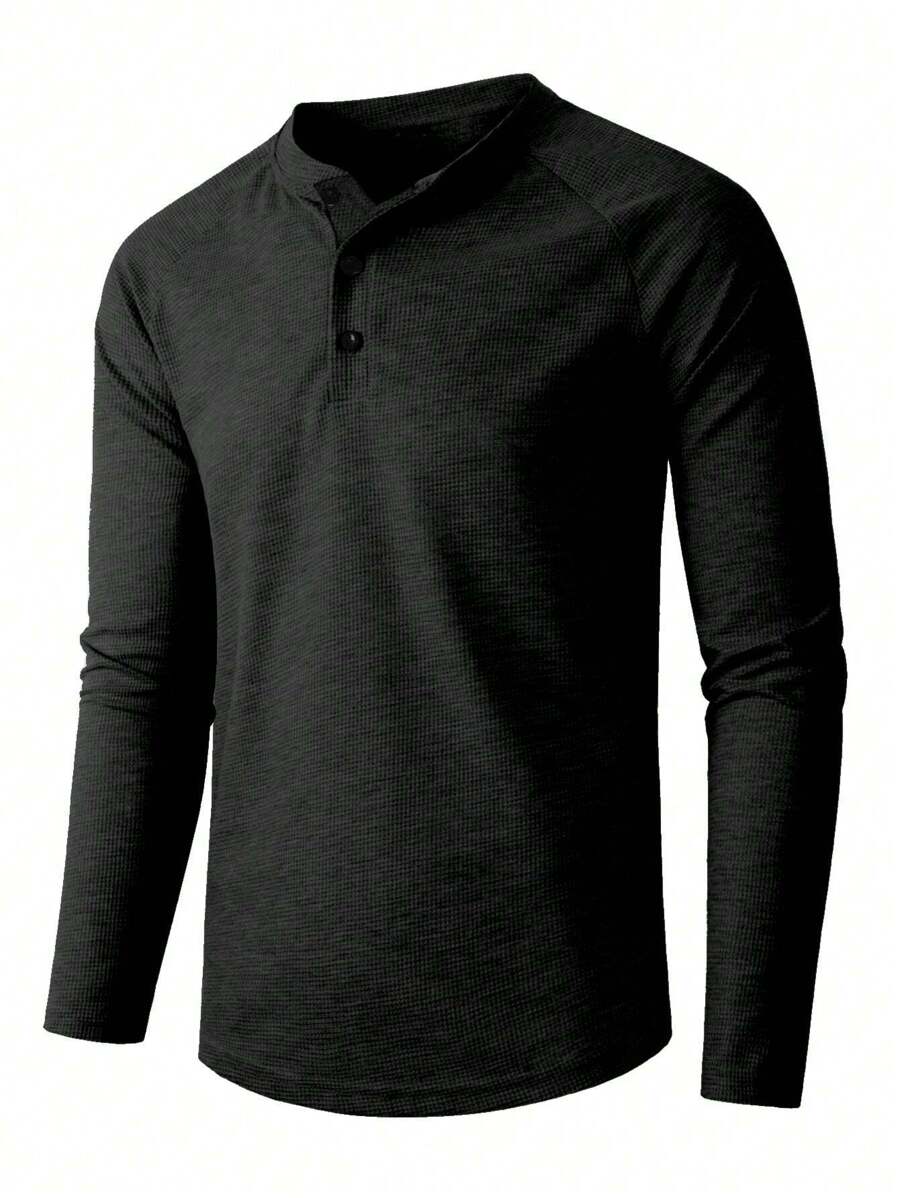 HUEFORM 男士半扣纯色T恤，秋季款，长袖上衣 - 黑色 - 查看 1