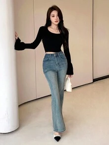 DAZY Của phụ nữ Màu thuần Vòng cổ Sọc Tay áo chuông Áo len - màu đen - Xem 7