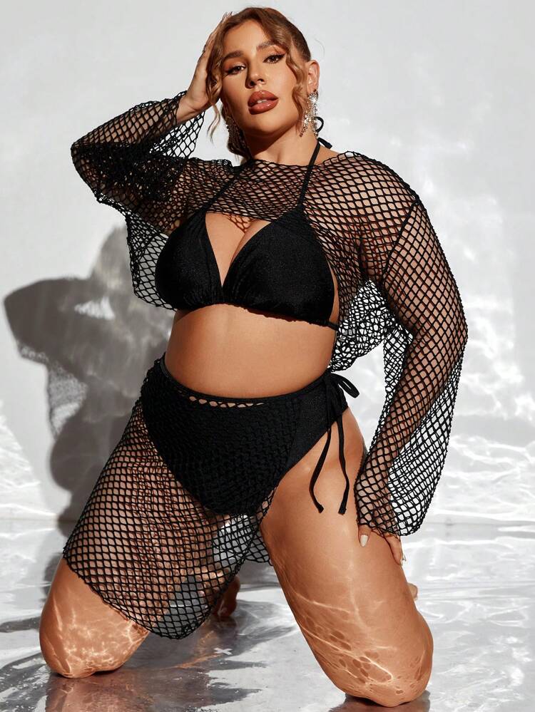 Plus Size 4pcs Solid Color Bikini Set With Triangle Cups & Mesh Cover Up Set Summer