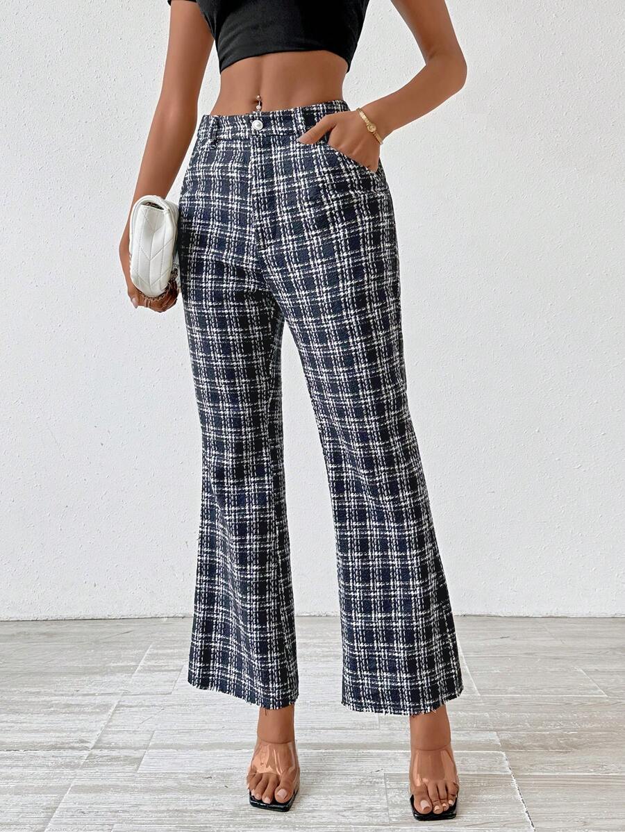 Chiquease Plaid Flared Pants With Slanted Pocket - Black - View 1