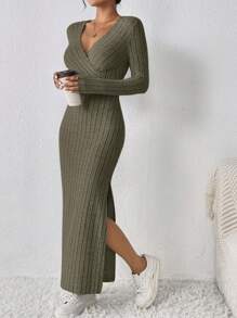 SHEIN Frenchy 交叉 V 領剪裁,側開衩長版修身裙