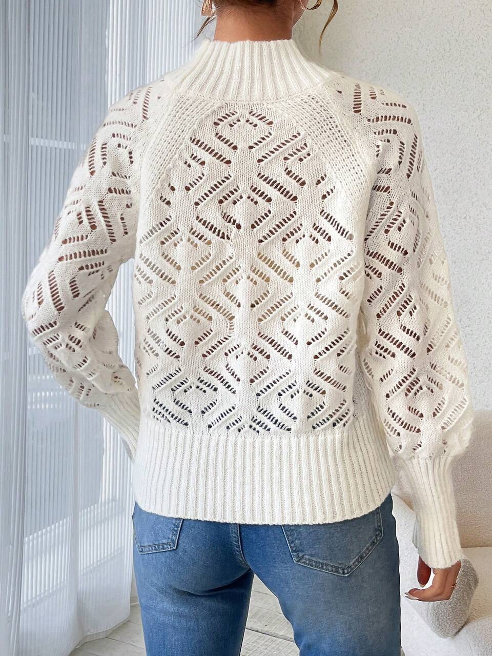 Zipper Lantern Sleeve Hollow Out Knitted Sweater Fall Winter