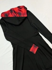 SHEIN LUNE 女士格紋拼接扣細節扭結連帽毛衣裙 - 黑色 - 查看 4