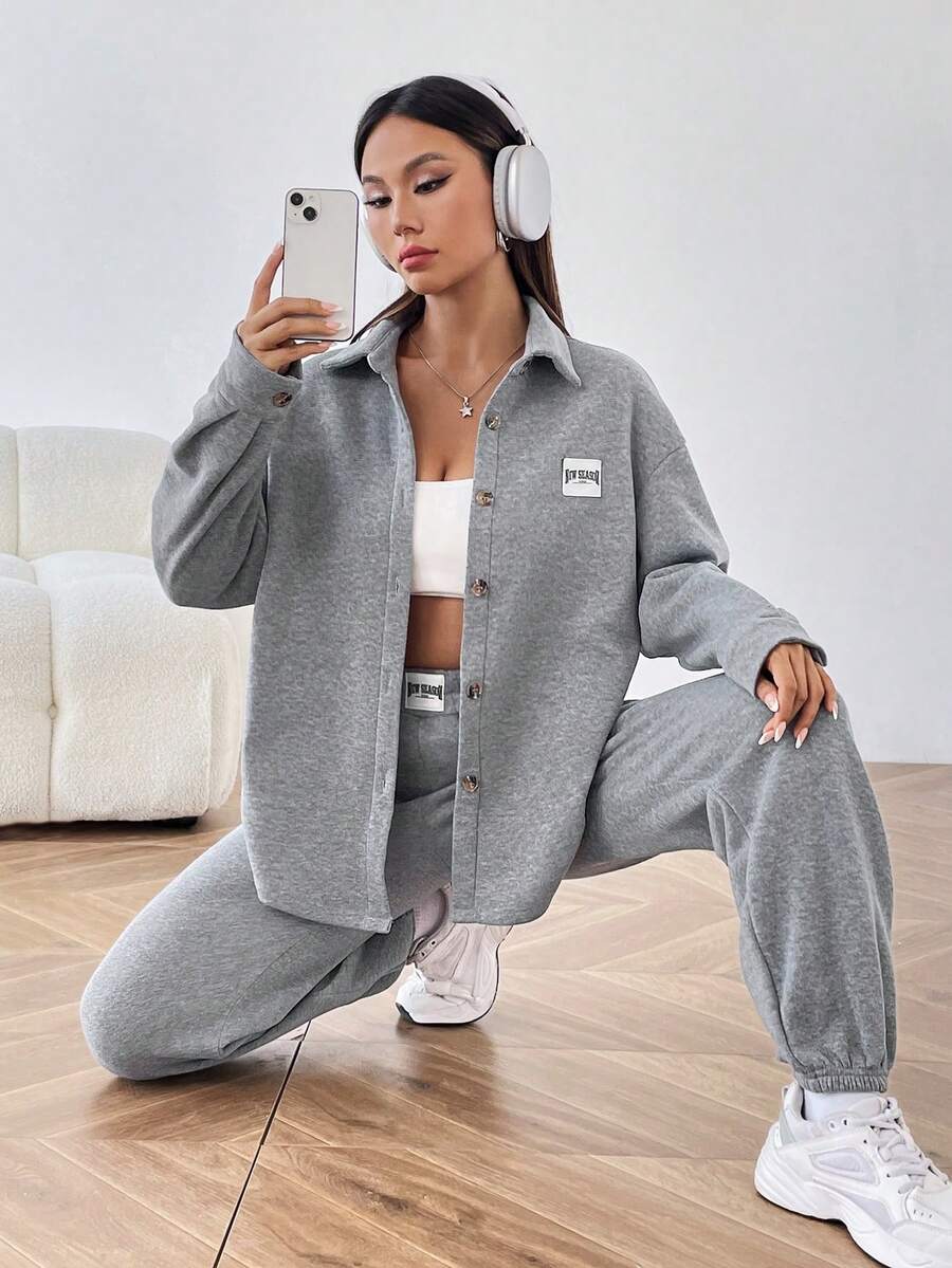 Muchica Textured Patchwork Buttoned Jacket And Pants Set - Grey - View 1