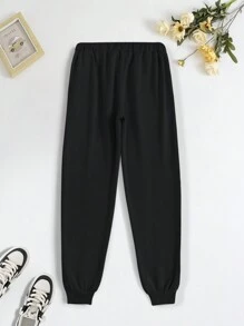 SHEIN LUNE 女款玫瑰印花抽繩袖口慢跑褲 - 黑色 - 查看 2