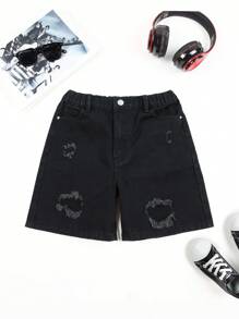 Boys' Elastic Waist Ripped Denim Shorts, Tween - Black - View 1