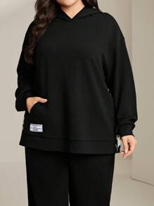 Mulvari 大尺碼連帽紋理運動衫和褲子休閒套裝 - 黑色 - 查看 4