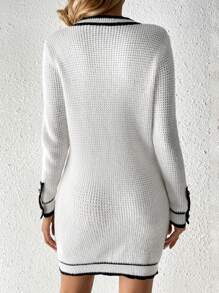 Chiquease Round Neck Long Sleeve Cardigan - Black and White - View 2