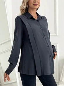 SHEIN Maternity Solid Color Button-front Casual Shirt - Black - View 5