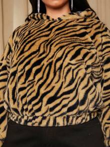 SHEIN SXY Plus Zebra Striped Drop Shoulder Fleece Hooded Sweatshirt