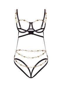 Conjunto De Lencería Sexy Ahuecado Decorado Con Cadena Sin Bragas - Negro - Ver 2