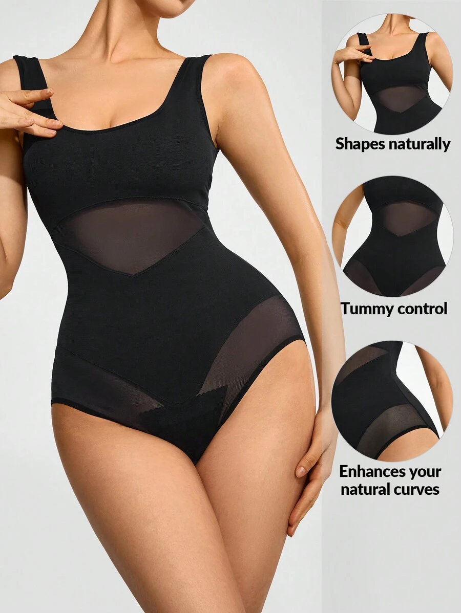 Solid Mesh Insert Shapewear Bodysuit - Black - View 1