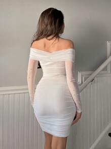 Firerie White Off Shoulder Faux Pearl Women's Dress,Ladies Elegant Contrast Mesh,Ruched,Zipper Long Sleeve Off The Shoulder Slim Fit Short White Regular Sleeve Plain Bodycon Women Short Dresses,Spring/Fall,Party/Nightclub Outfits,White Graduation Dress - White - View 2
