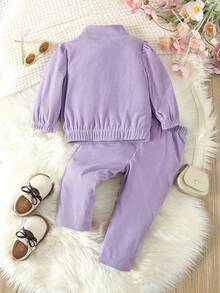 Infant Girls' Corduroy Top And Pants Set With Color Contrast & Ruffle Trim - Purple - View 2