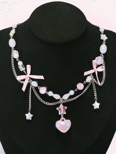 Kawaii 1pc Cute Heart & Five-Pointed Star & Bowknot Pendant Necklace Valentines,Mom,Mother,Mother's Day,Gift