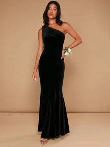 SHEIN Belle 女士纯色不对称领口美人鱼礼服黑色优雅舞会晚会婚礼宾客礼服，适合毕业典礼、晚宴派对礼服 - 黑色 - 查看 4