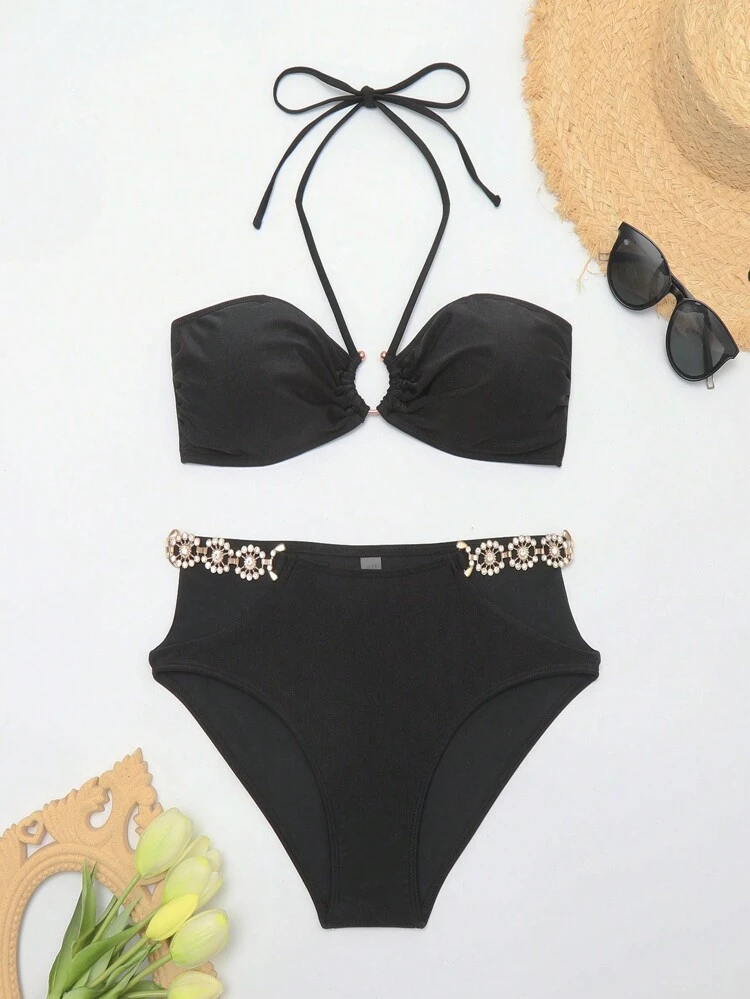 Solid Color Pleated Swimwear Set With Chain Decoration Summer